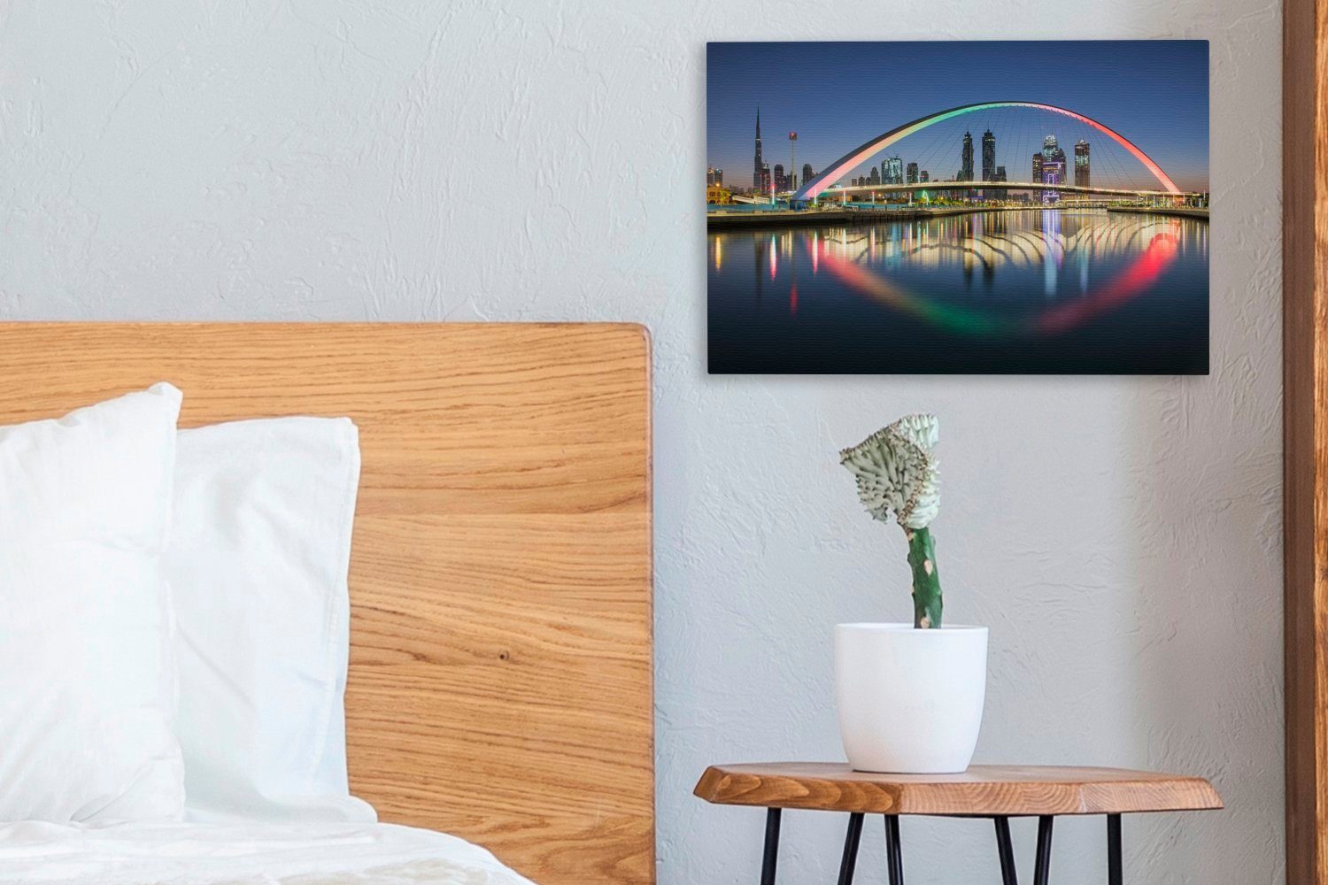 cm OneMillionCanvasses® Aufhängefertig, in dem Dubai, Leinwandbild 30x20 Wasser Wanddeko, schöne Regenbogenbrücke (1 über Wandbild Eine Leinwandbilder, St),