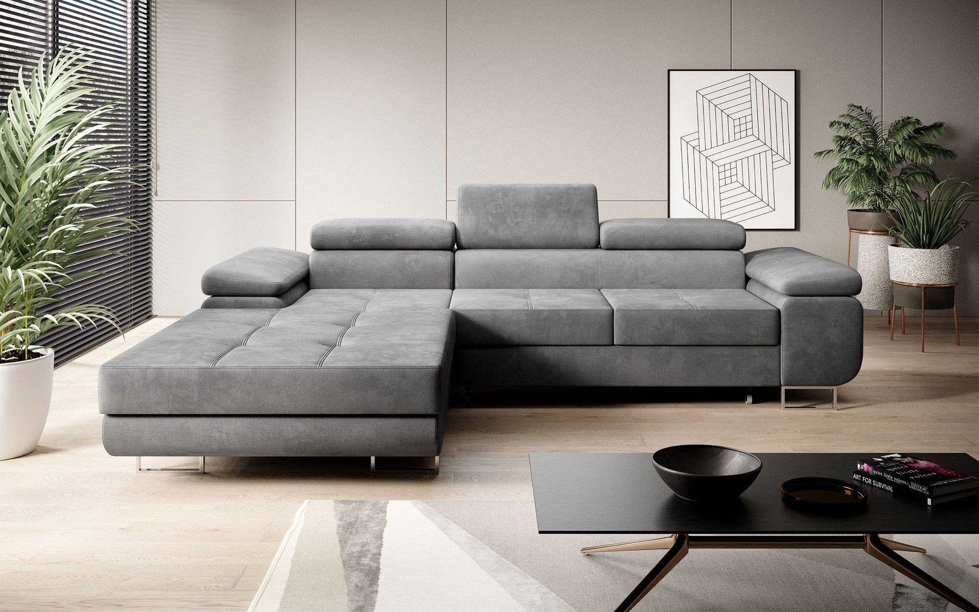 Baidani Sofa Designer Sofa Calvera mit Schlaf- und Klappfunktion, modernes Design Hellgrau