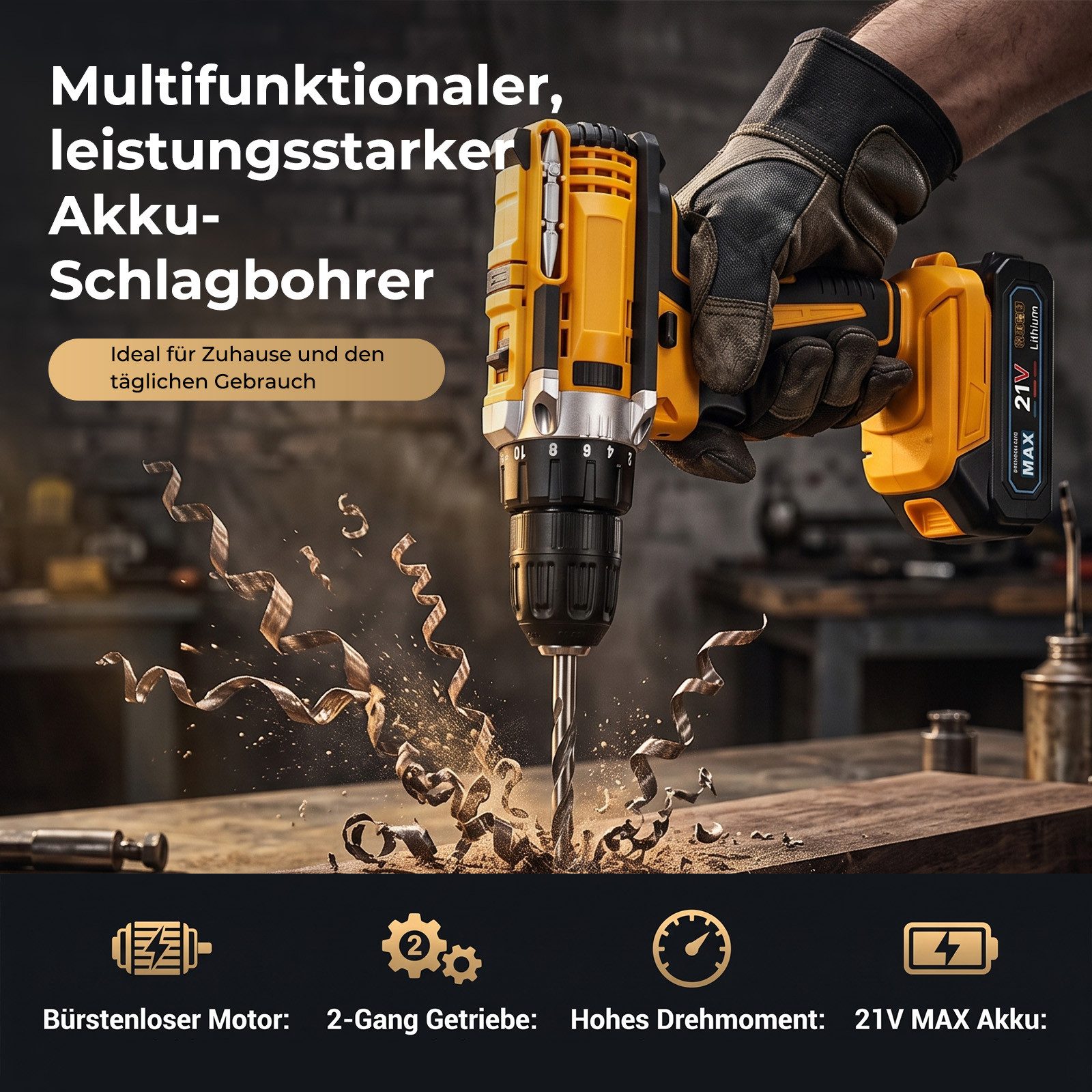 AKKEE Akku-Bohrschrauber Akkuschrauber und Bohrschrauber, Akku-Schrauber, Akkuschrauber Set, max. 1850 U/min, mit 2 x 2000mAh Akkus – Bild 5 von 5