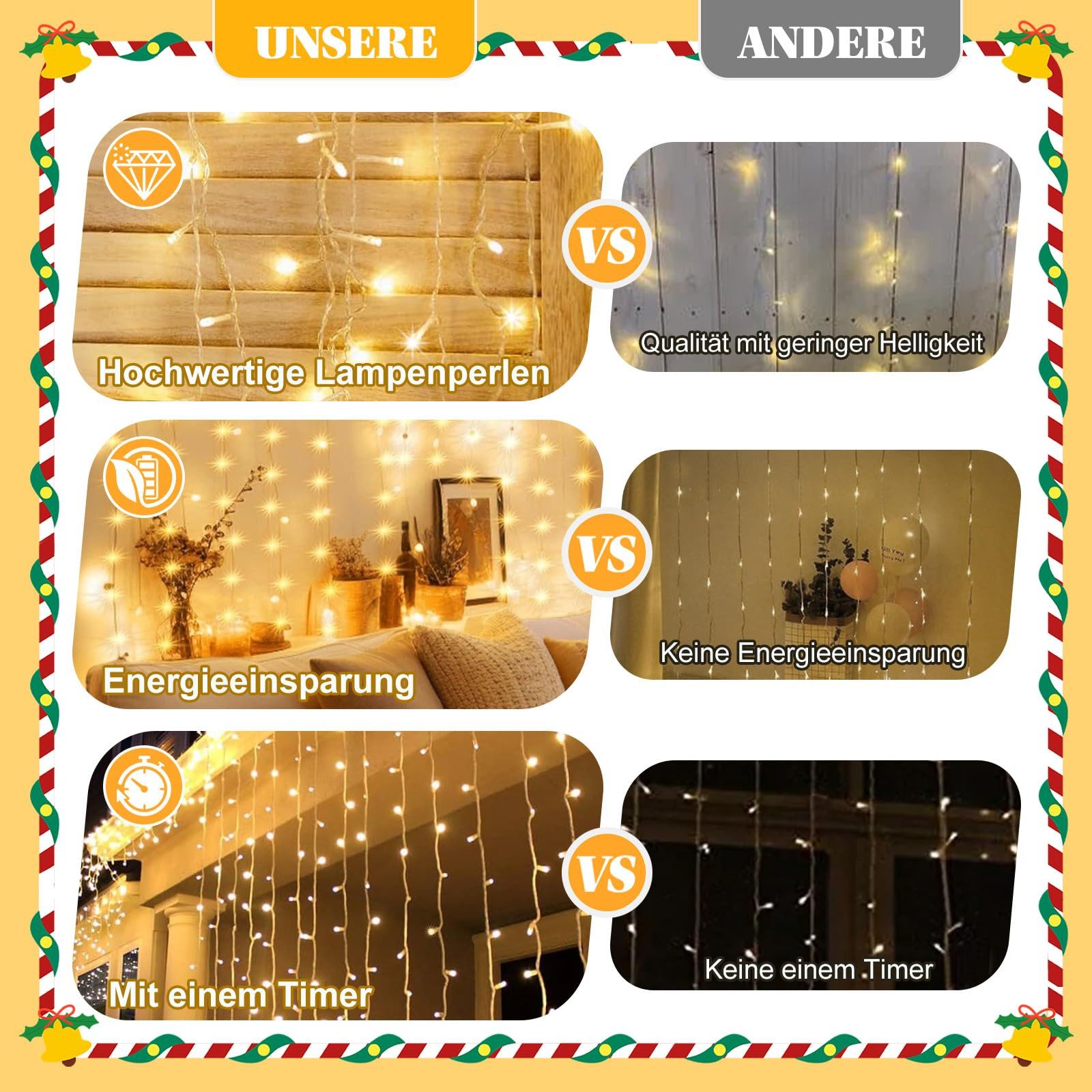 Rosnek LED-Lichterkette 3x3M, 10 Stränge, Speicherfunktion, Timer, für Vorhang Fenster Deko, 300-flammig, 8 Modi, Timer, für Schlafzimmer Weihnachten Terrasse