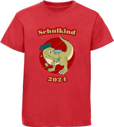 MyDesign24 Print-Shirt bedrucktes Kinder T-Shirt Einschulung Schulkind 2024 mit T-Rex 100% Baumwolle mit Dino Aufdruck, rot, i30