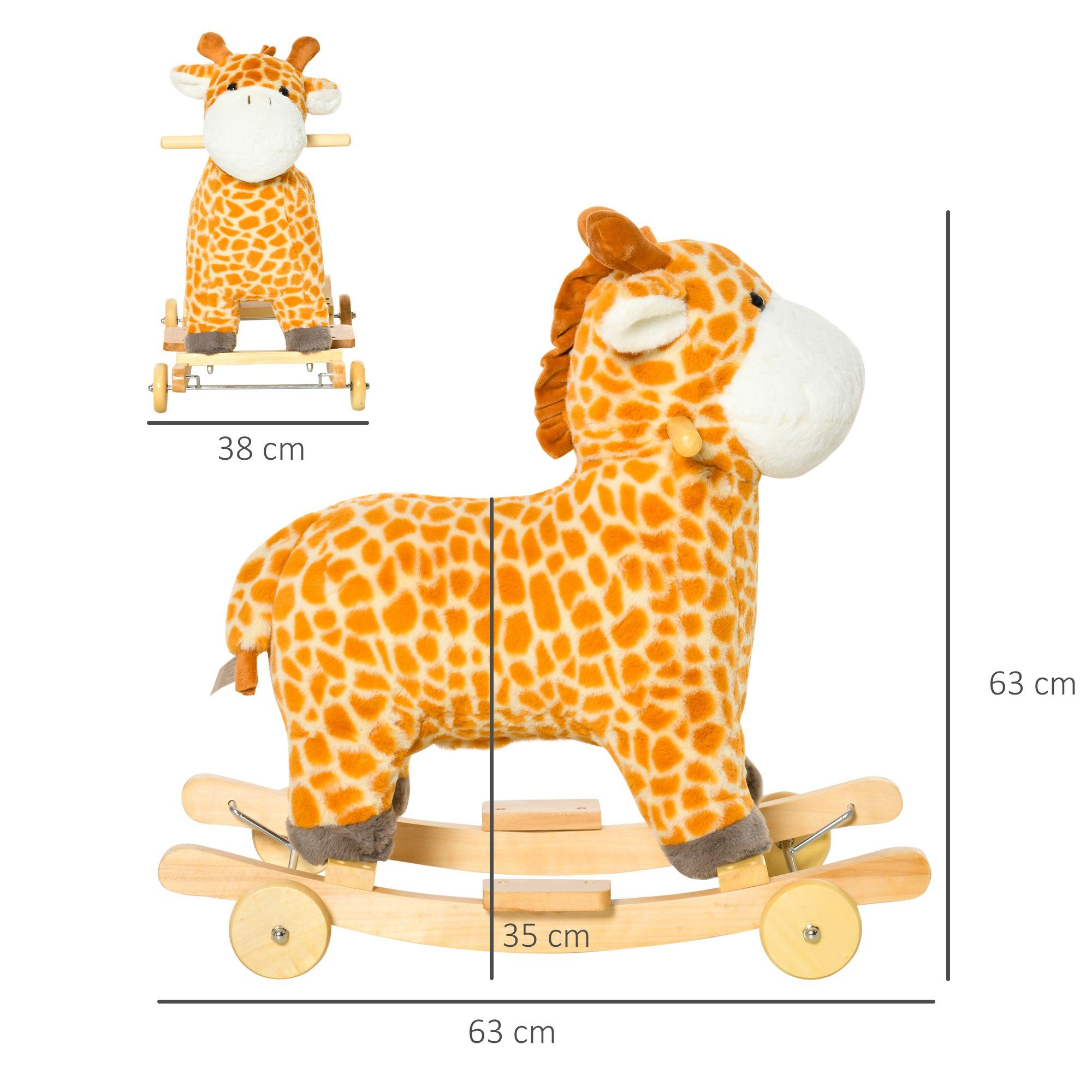 HOMCOM Schaukeltier 2-IN-1 Schaukelpferd mit Räder Plüsch Babyschaukel Spielzeug Gelb, (1 tlg), 63L x 38B x 63H cm
