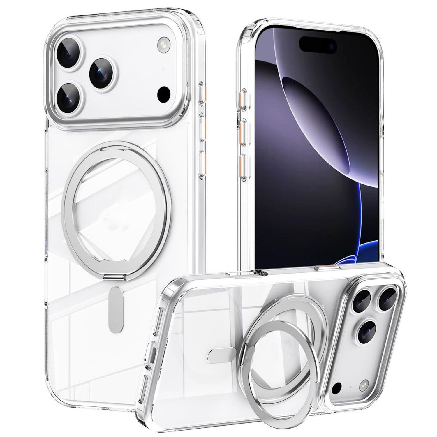 Wigento Handyhülle Für Apple iPhone 17 Pro Frosted 360 Ring MagSafe TPU + PC Hülle Silber, Magnetische Hülle mit Ringhalter und 360 Grad Rotation