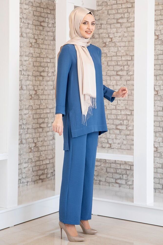 Modavitrini Longtunika Damen Tunika mit Hijab Anzug Hose mit (Tunika Modest Mode Hose) Fashion Zweiteiler Indigo-Blau