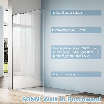 SONNI Duschwand Walk in Duschwande schwarz, 90-120cm mit L-Haltestange, NANO glas, Einscheibensicherheitsglas mit Nano-Beschichtung, mit Ex-Folie, Höhe 200cm