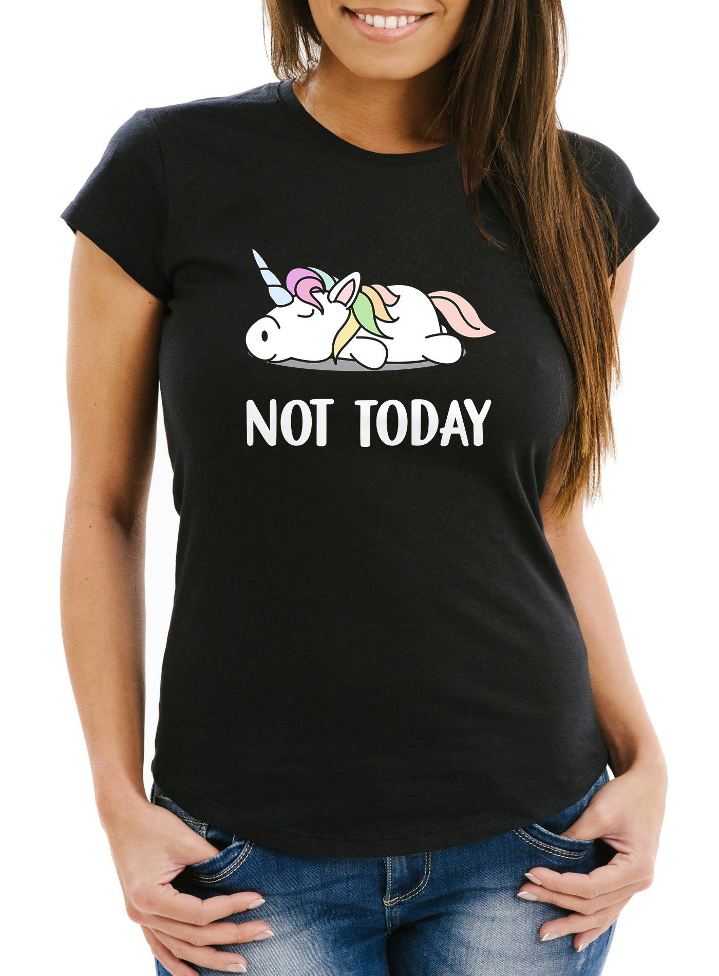 MoonWorks Print-Shirt Lustiges Damen T-Shirt Not Today Chillen Fun-Shirt Moonworks® mit Print Einhorn schwarz