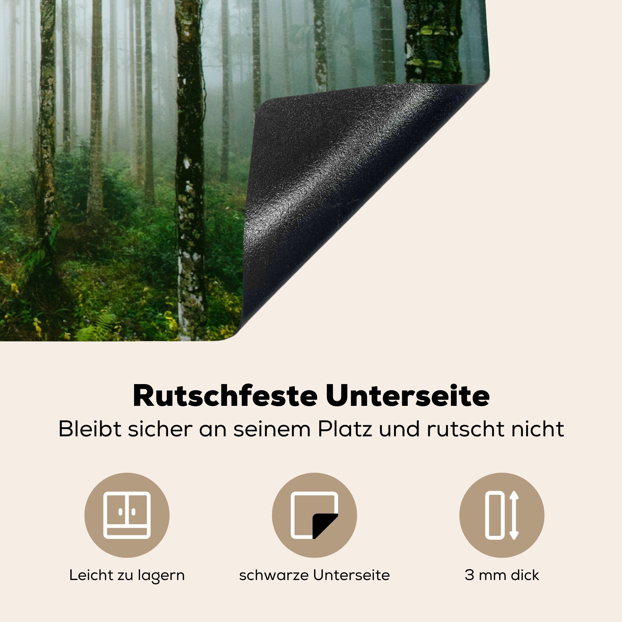 Induktionskochfeld küche, (1 Hohe von Taiwan, 81x52 die für nebligen cm, Vinyl, im Baumstämme Regenwald MuchoWow Ceranfeldabdeckung Herdblende-/Abdeckplatte tlg), Schutz