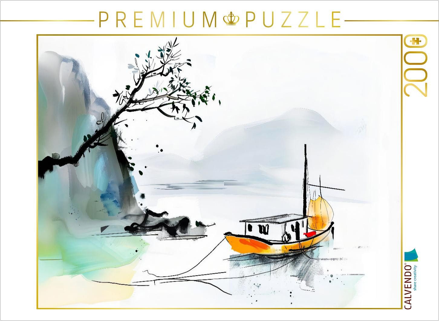 CALVENDO Puzzle CALVENDO Puzzle Chinesische Dschunke am Ufer eines Sees. Tuschemalerei, 2000 Puzzleteile