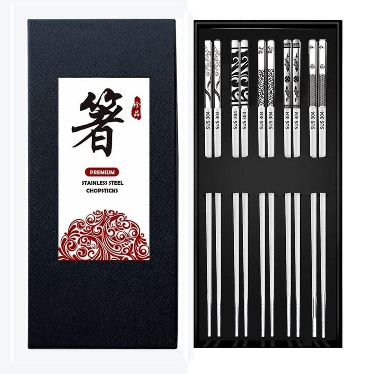 LuxusKollektion Essstäbchen Essstäbchen Edelstahl 5 Paar Lasermuster Geschenkset