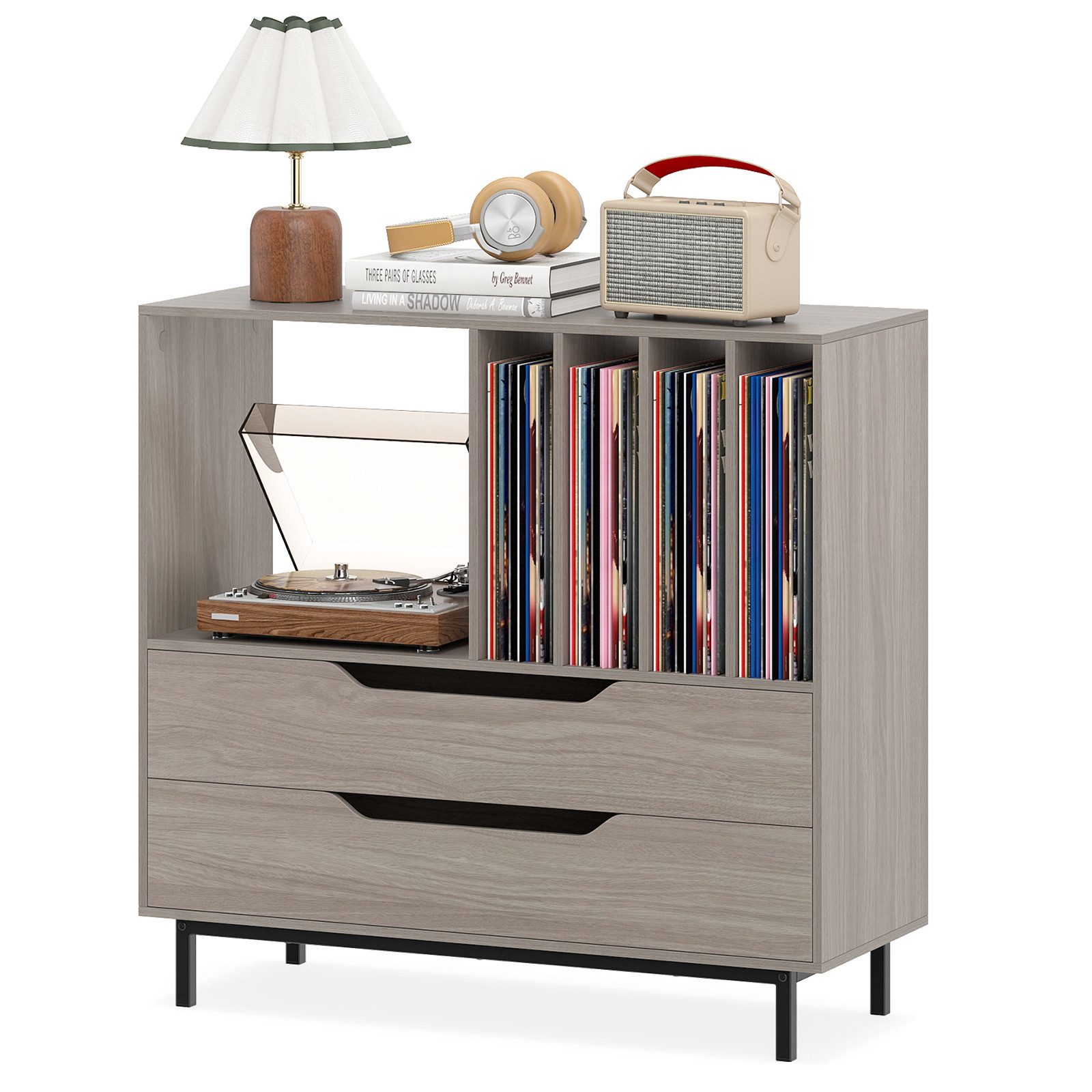 COSTWAY Sideboard, Plattenspielerständer mit 4 Vinyl-Fächern & 2 Schubladen
