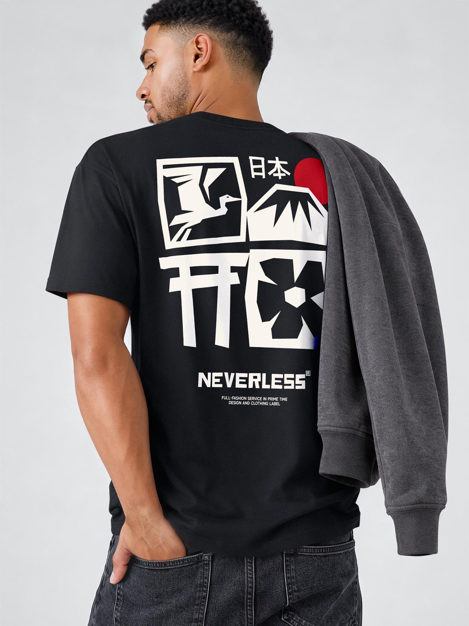 Neverless Oversize-Shirt Herren T-Shirt - Design Japan Fuji- Relaxed Fit Printshirt Sommer mit Print – Bild 5 von 5
