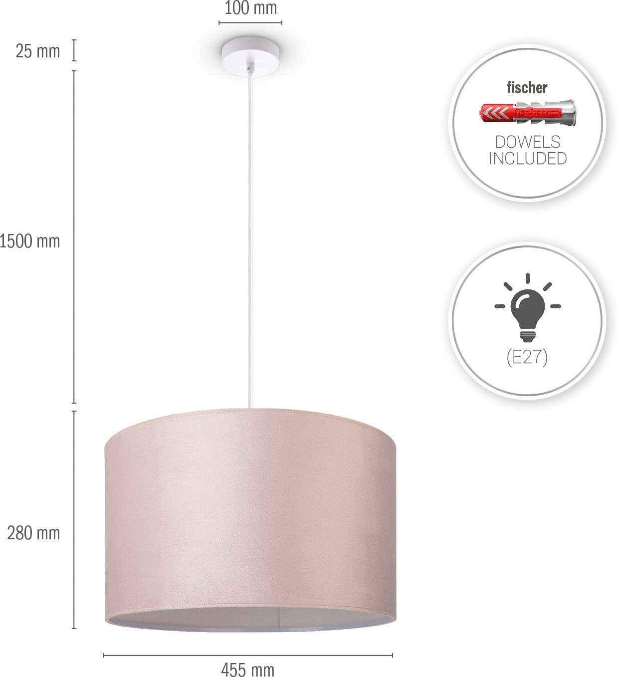 Unifarben Hugo Color, 1,5m E27 Lampenschirm Home ohne aus uni Deko Wohnzimmer Paco Kabel Leuchtmittel, beige Velour Pendelleuchte