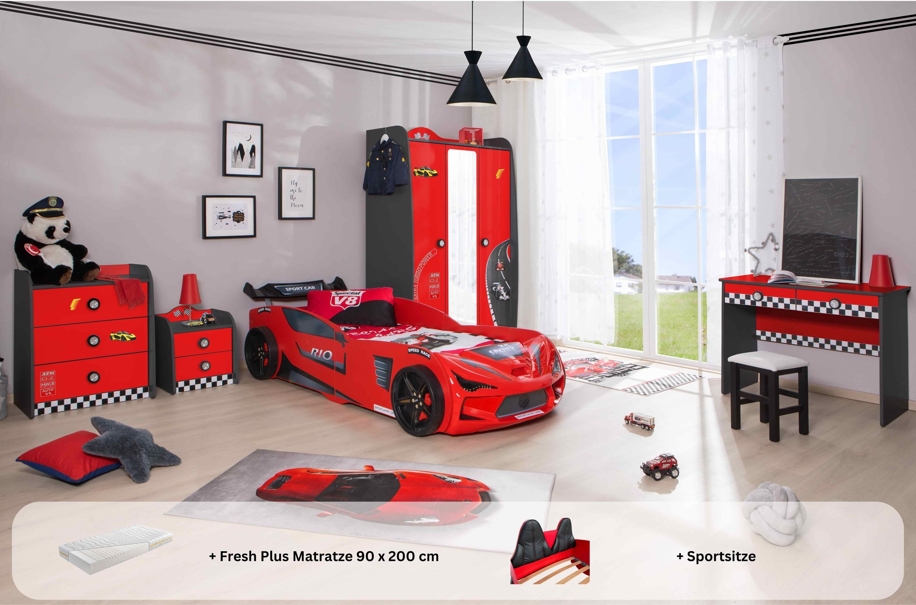 Aileenstore Jugendzimmer-Set Rio, (5-tlg., 5 teilig), Komplettset 5 teilig mit Autobett Rio, LED, Spoiler, Softclose