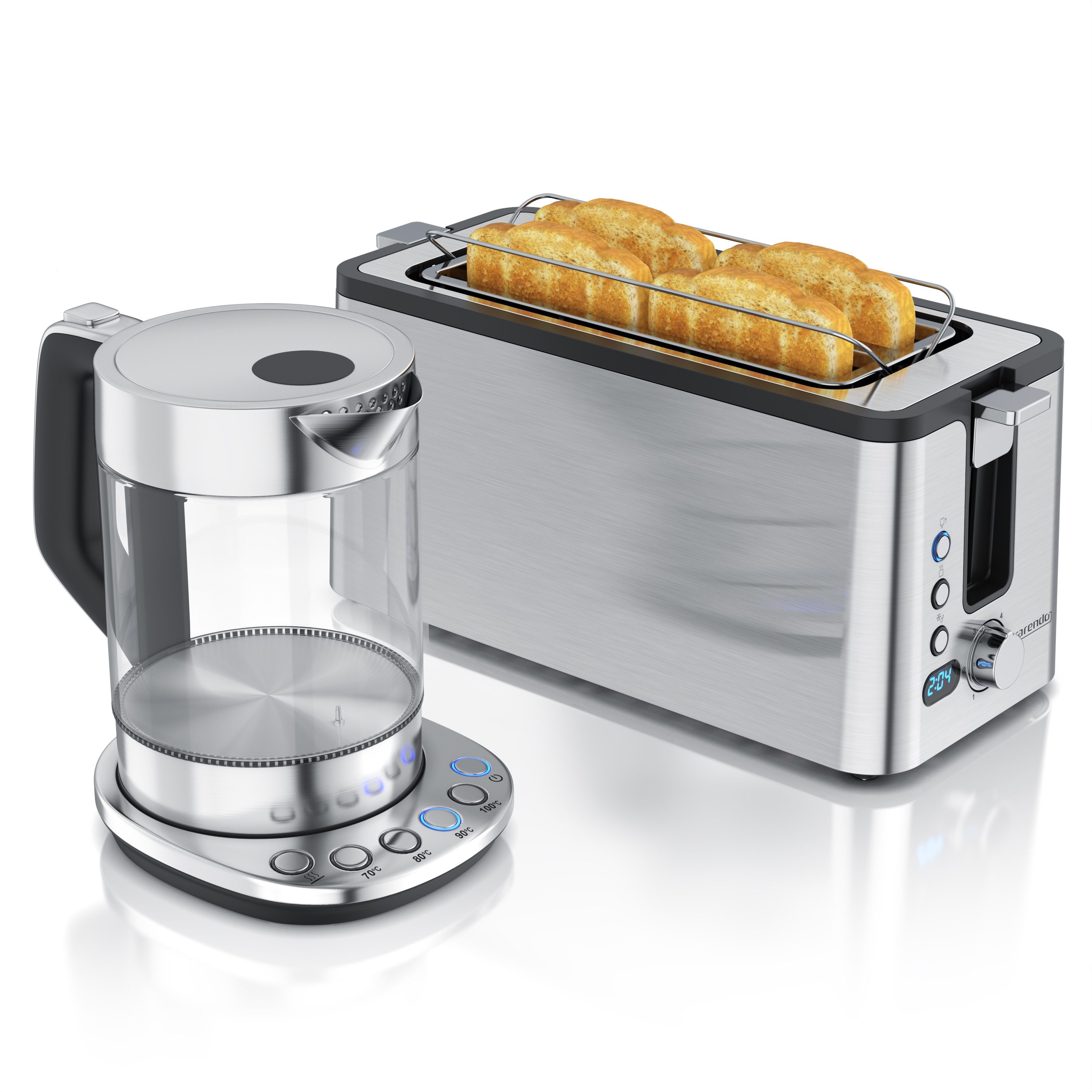Arendo Frühstücks-Set Edelstahl Wasserkocher 1,5l, 4-Scheiben Langschlitz Toaster, silber (2-tlg), Wasserkocher Glas mit Temperatureinstellung, Toaster Brötchenaufsatz