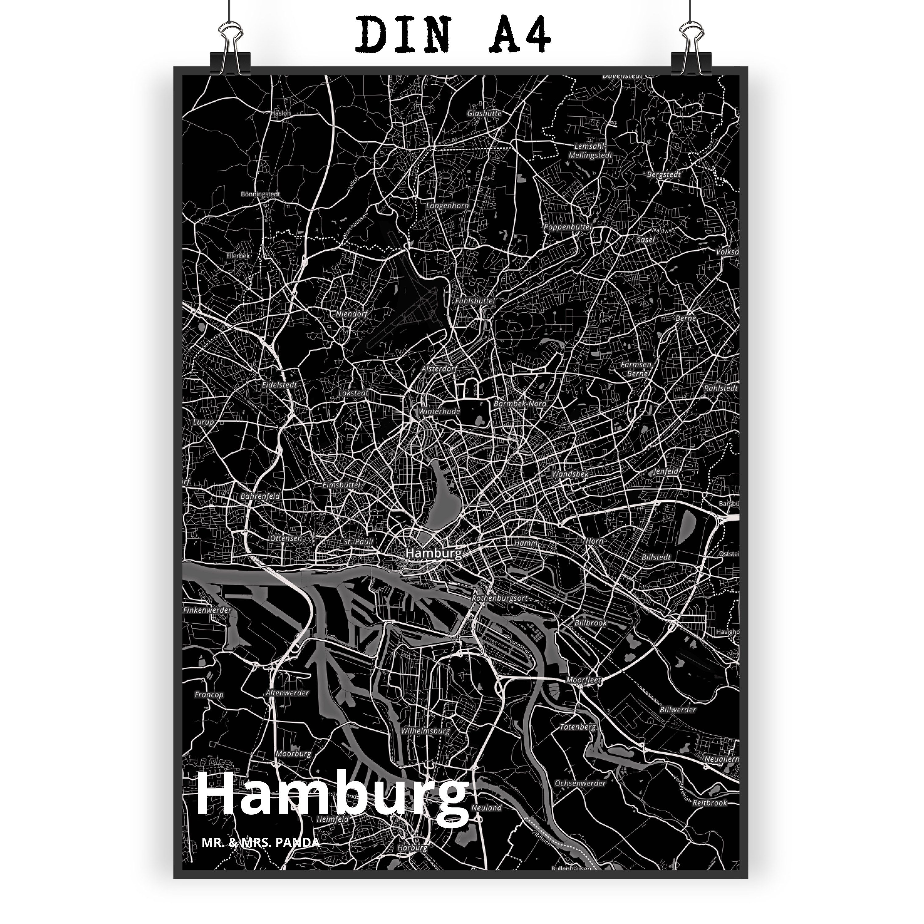 Mr. & Mrs. Panda Poster DIN A4 Hamburg - Geschenk, Städte, Wanddekoration, Dorf, Wanddeko, Ra, Stadt Black (1 St)