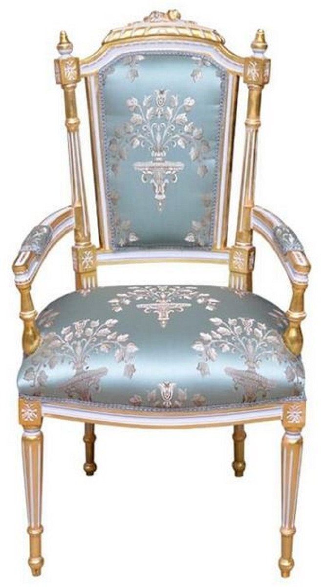 Casa Padrino Esszimmerstuhl Barock Esszimmerstuhl Türkis / Weiß / Gold - Handgefertigter Antik Stil Stuhl mit Armlehnen - Esszimmer Möbel im Barockstil