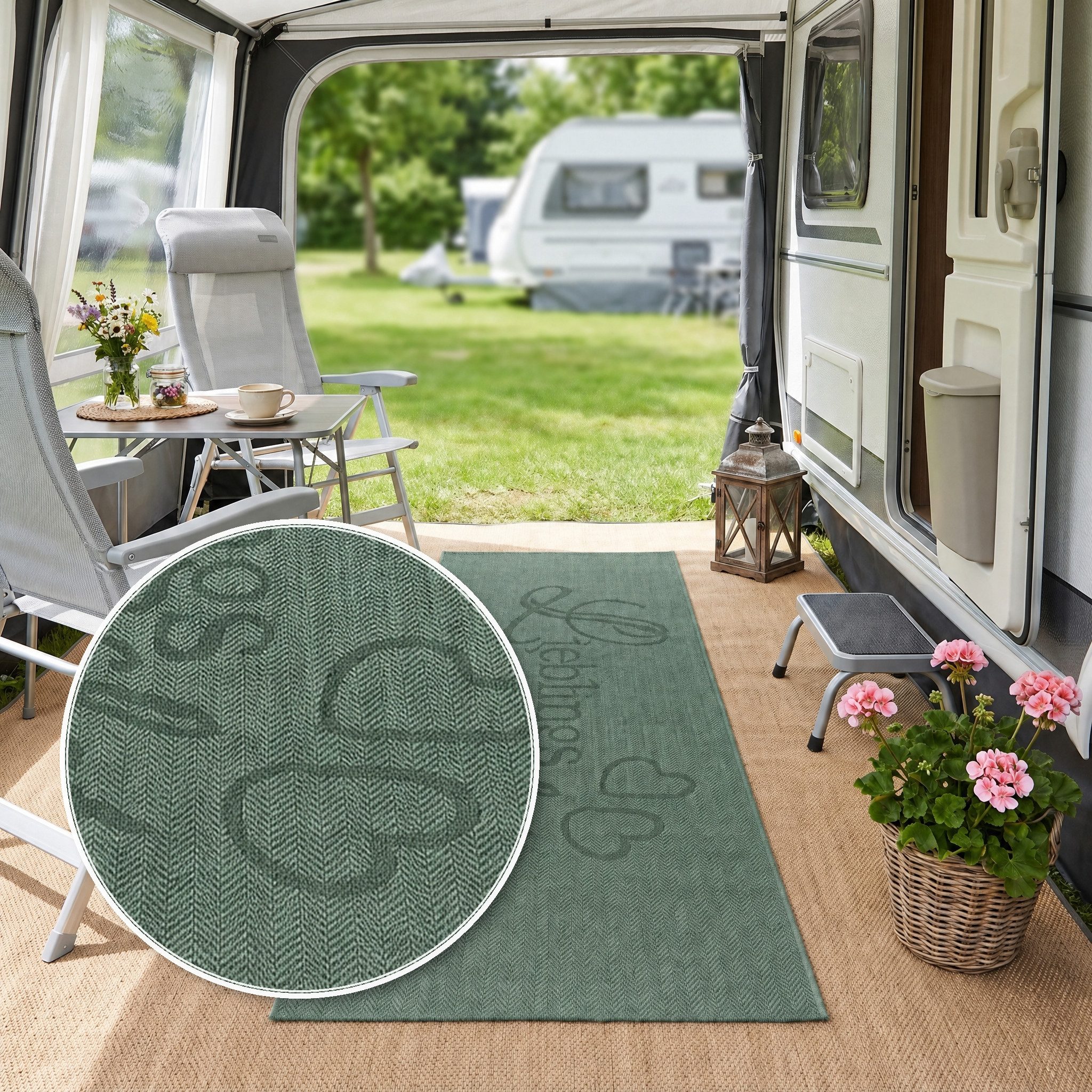 OTTO home Läufer Lieblingsplatz, mit Schriftzug, In- und Outdoor geeignet, rechteckig, Höhe: 5 mm, Wetterfest, UV-beständig, Küchenläufer, Camping, Balkon