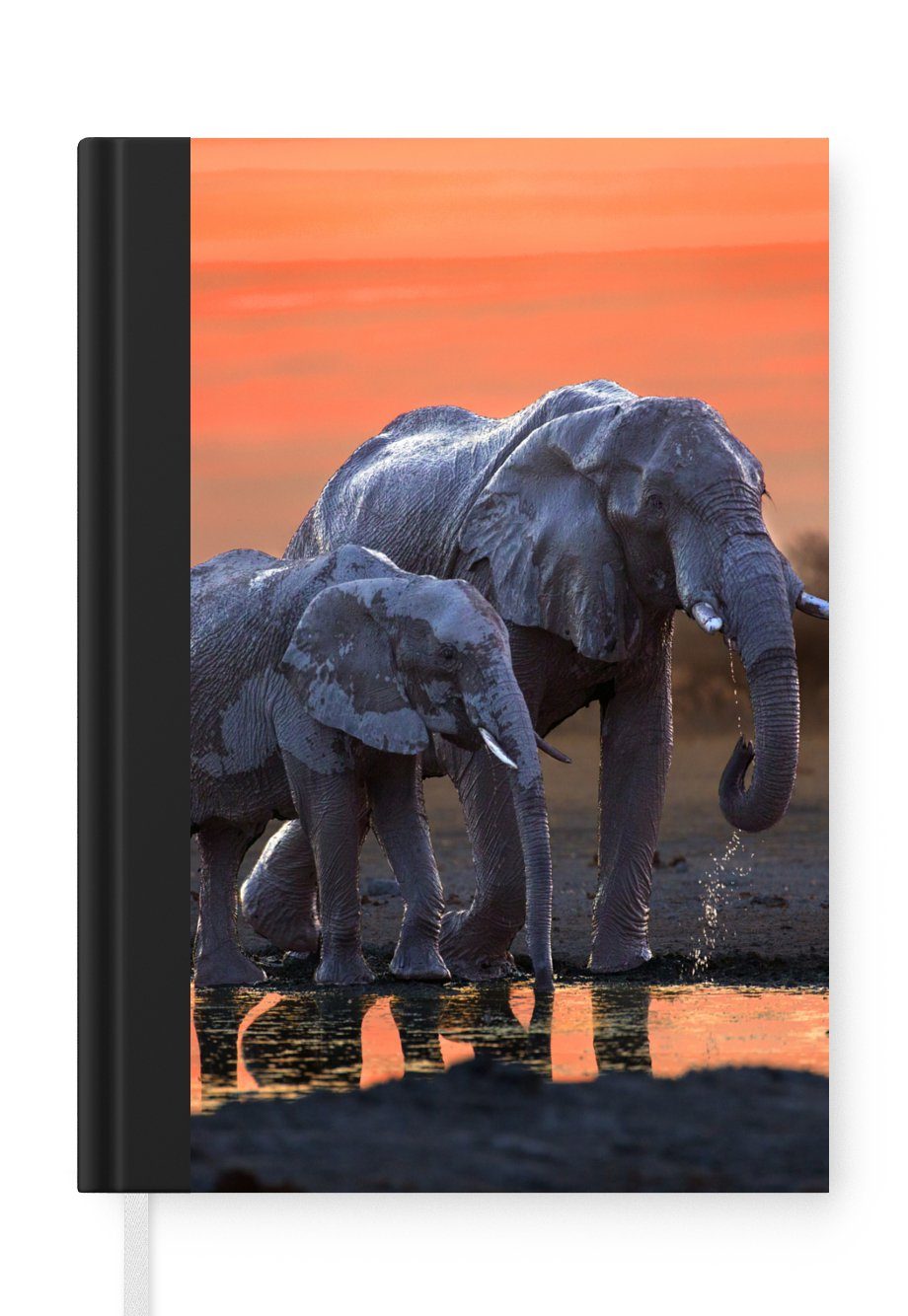 MuchoWow Notizbuch Elefant - Tiere - Sonnenuntergang - Wasser - Orange, Journal, Merkzettel, Tagebuch, Notizheft, A5, 98 Seiten, Haushaltsbuch