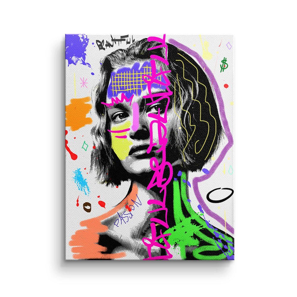 Lady Graffiti premium Rahmen Pop Rahmen schwarzer mit Leinwandbild Power weiß Leinwandbild, DOTCOMCANVAS® Art
