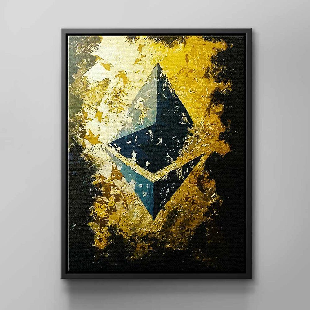DOTCOMCANVAS® Leinwandbild, Wandbild abstrakte Wandkunst Ethereum Schwarz Gold Golden Ethereum weißer Rahmen
