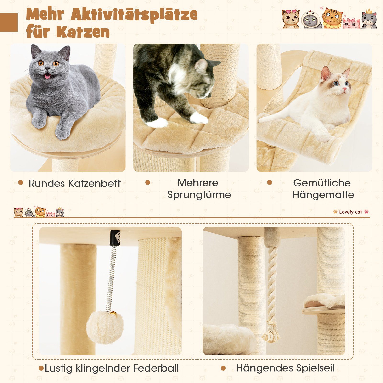 COSTWAY Kratzbaum Katzenbaum, 173cm deckenhoch, mit 3 Katzenhöhle