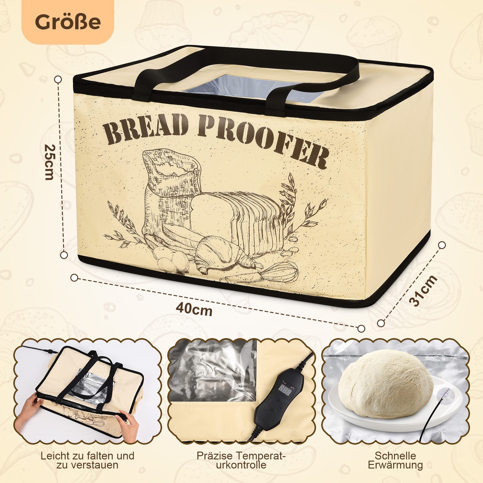 PRIISF Gärkorb Brot Gärbox mit Heizung Faltbare Brot Gärschrank Einstellbare Timer, (Beheizbarer Teiggärbox Sauerteig Warmhalte Gärkörbchen Brotgärset Teiggärset), für Zuhause, Brot, Pizza, Joghurt, Reiswein, Natto, Handgemachter