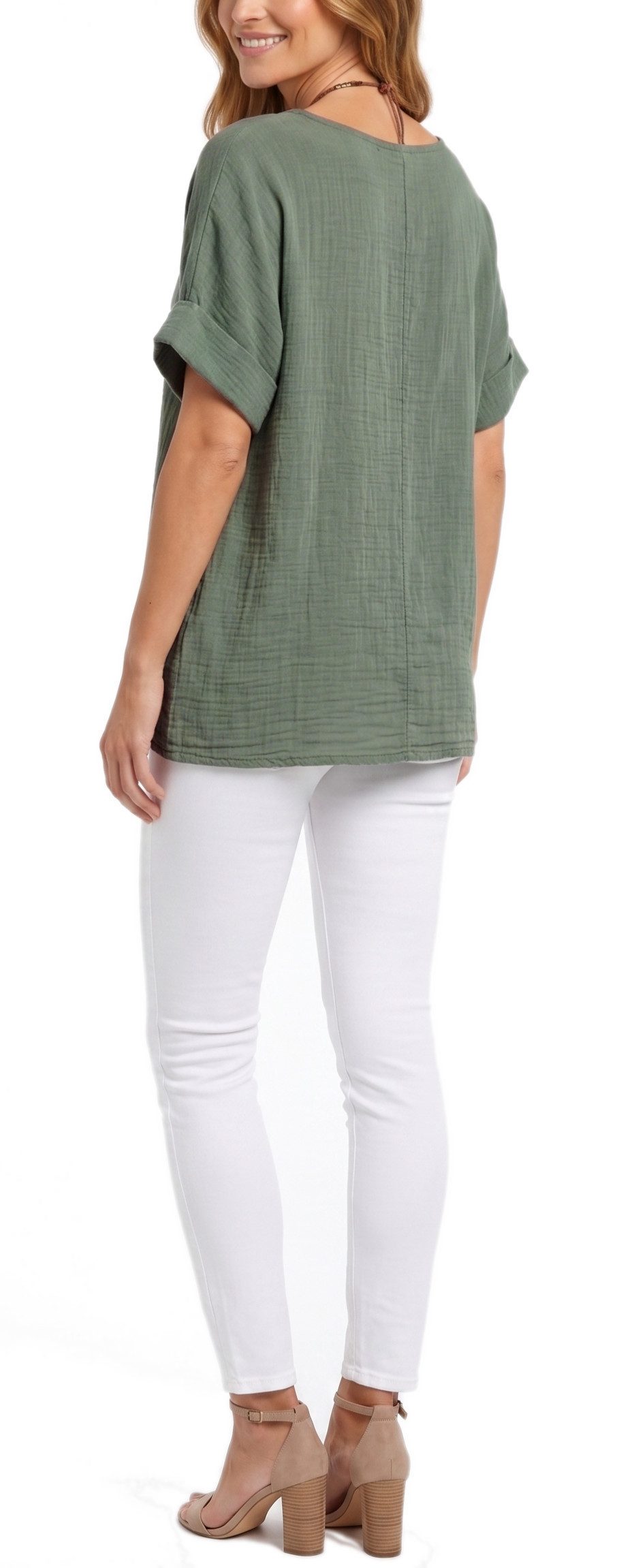 dy_mode Kurzarmbluse Damen Kurzarm Bluse Leichte Sommer Tunika Baumwollbluse Oberteil in Unifarbe, mit passende Kette