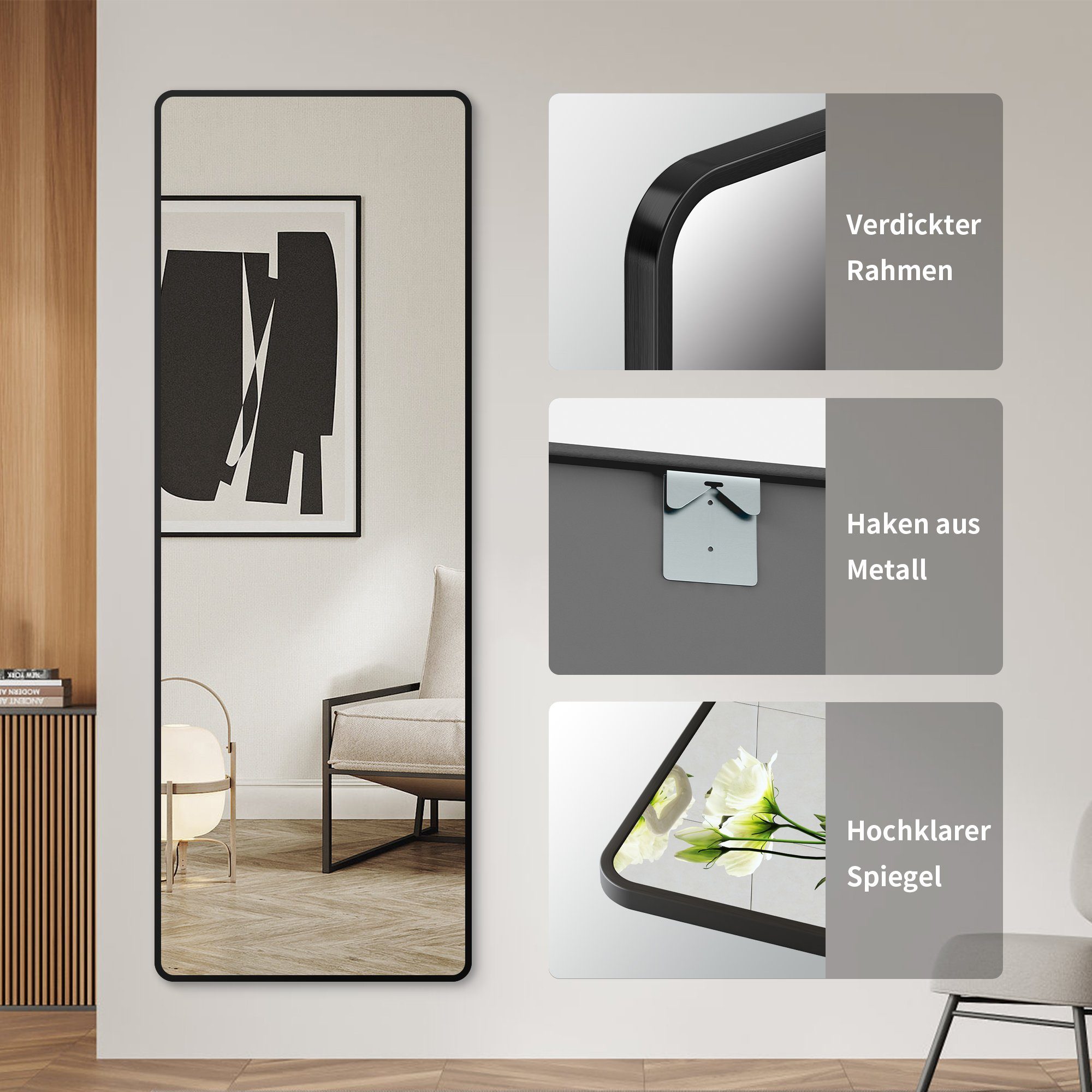 Boromal Standspiegel Wandspiegel Ganzkörperspiegel Schwarz Groß Flur 150x50 160x40 140x40 (Flurspiegel, HD Groß Hochspiegel), mit Aluminiumrahmen,2 Montagemöglichkeiten