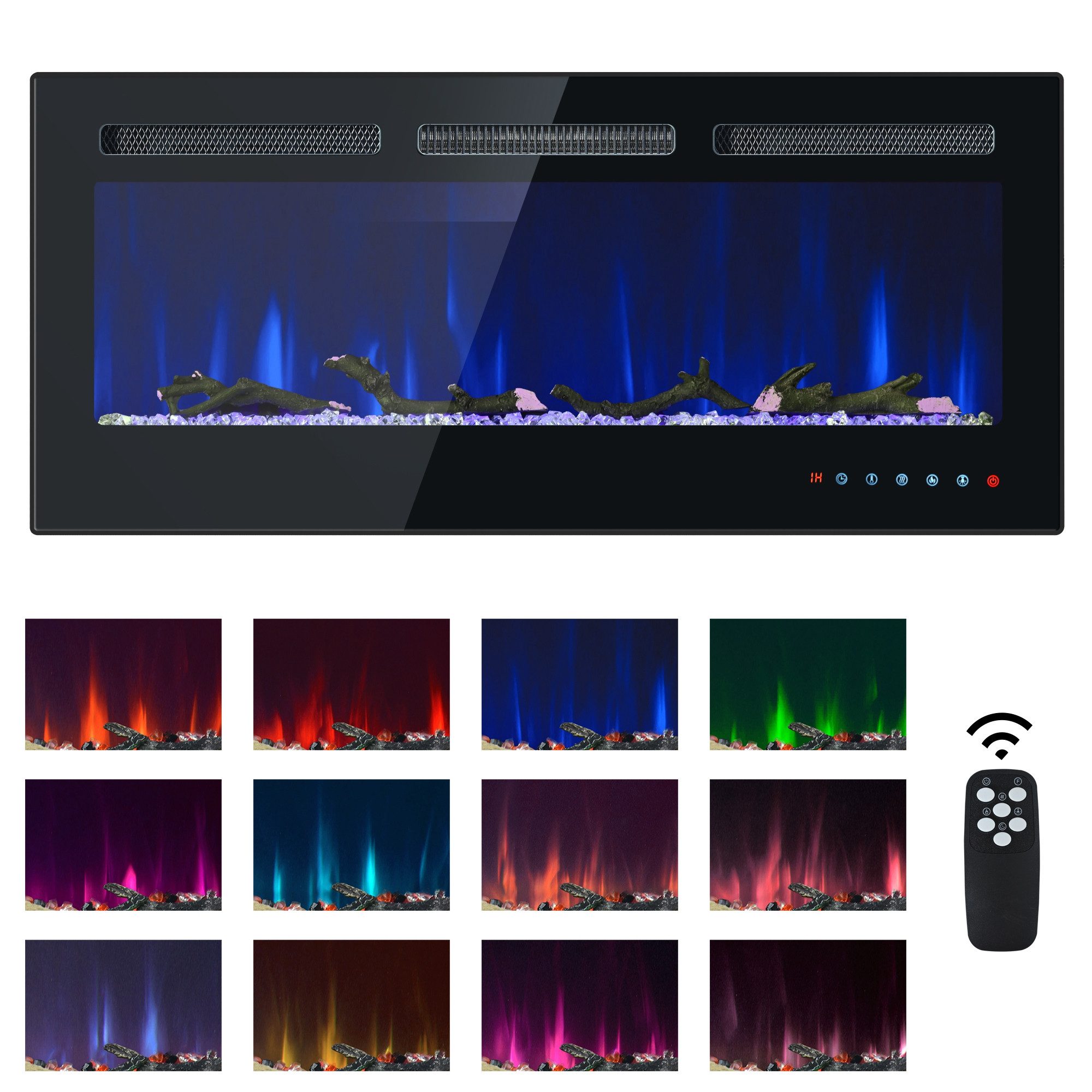 Welikera Elektrokamin Wand-und Einbau-Elektrokamin,900/1800 W, verstellbar Thermostat,42Zoll, Fernbedienung, Touchscreen-Einstellungen, 12 einstellbar Flammenfarben