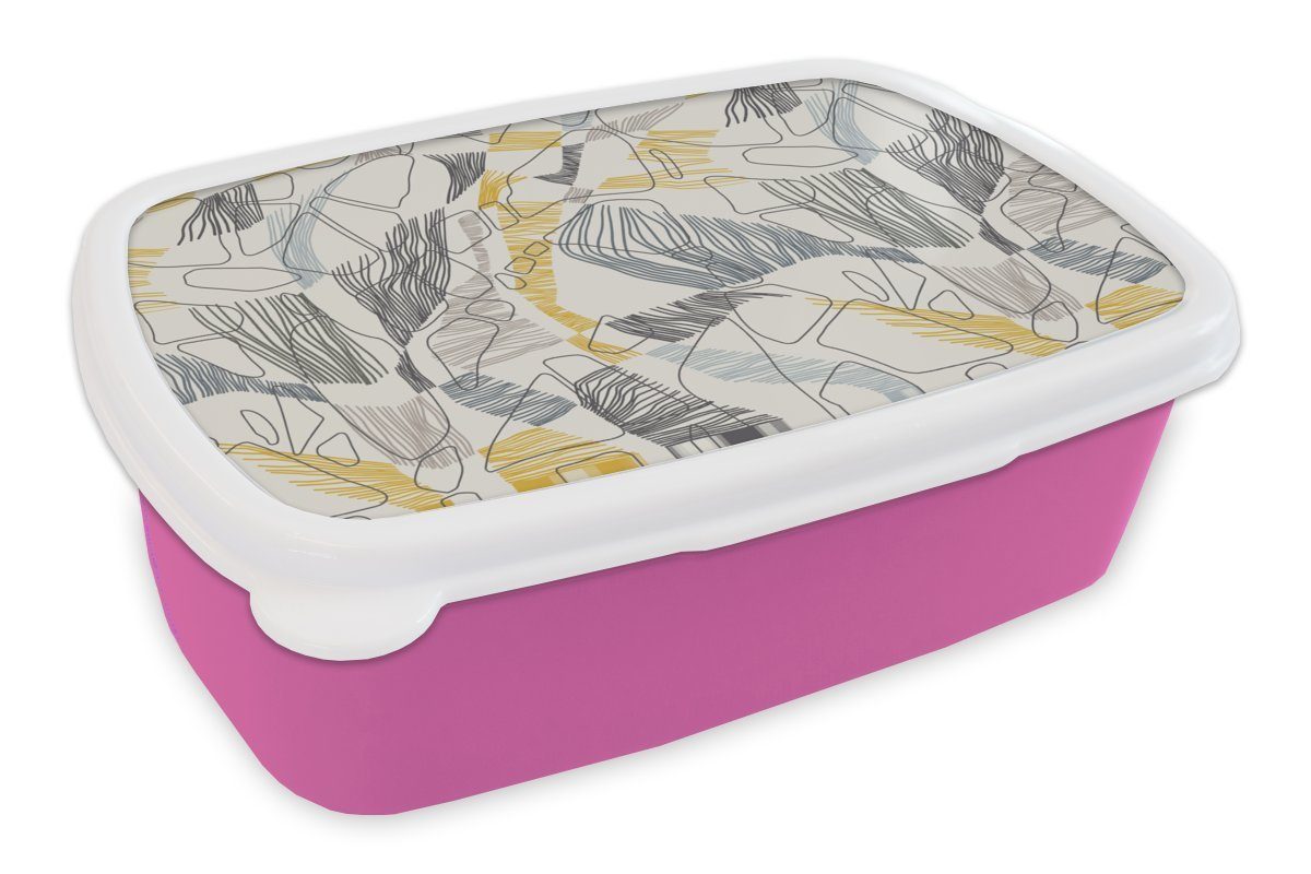 MuchoWow Lunchbox Linienkunst - Dschungel - Muster - Gold, Kunststoff, (2-tlg), Brotbox für Erwachsene, Brotdose Kinder, Snackbox, Mädchen, Kunststoff rosa