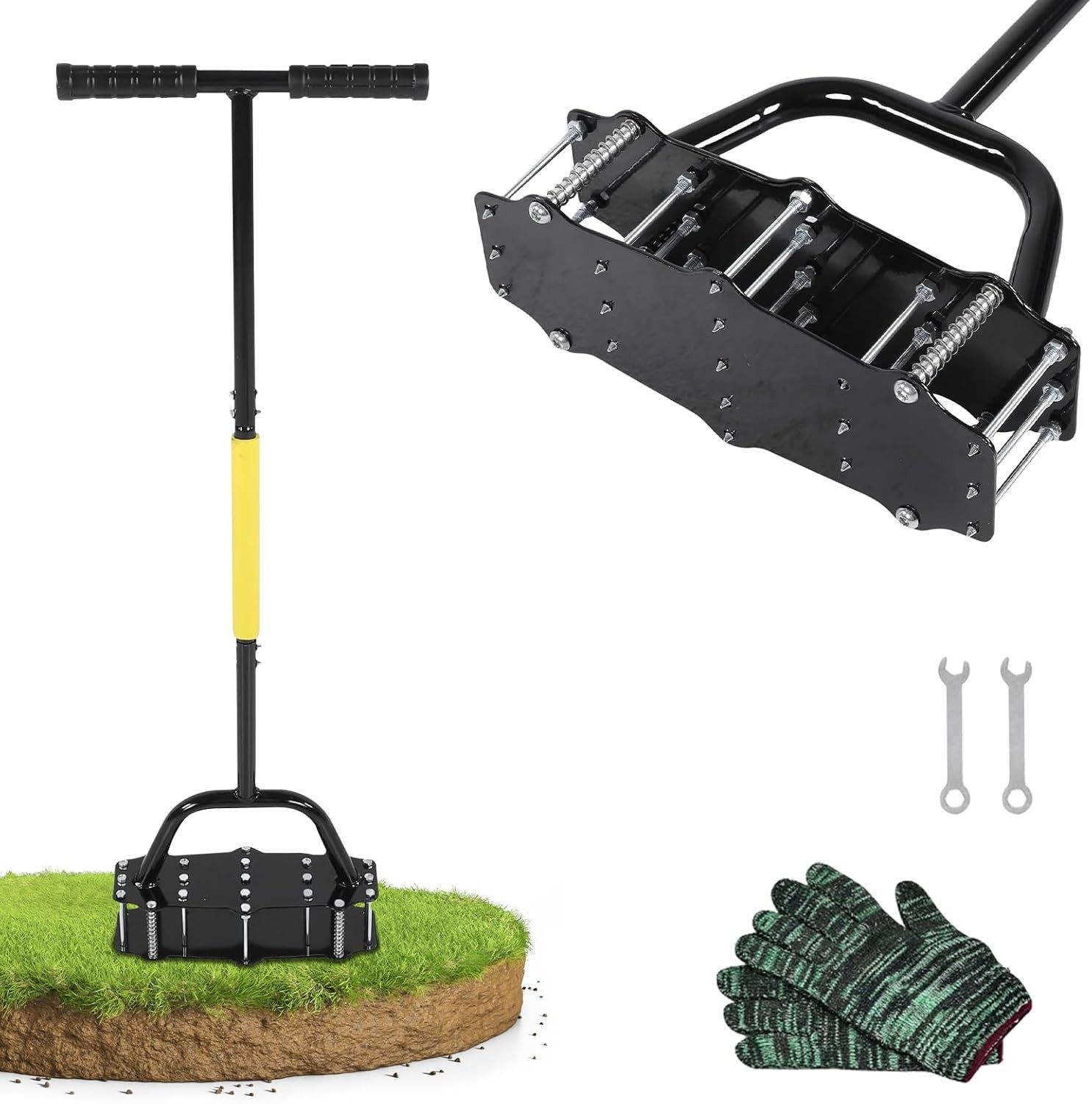Fyrove Vertikutierer Rasenlüfter Vertikutierer und Aerifizierer für die Rasenbelüftung, (Innovative Aerifiziergabel Langstielige Boden Aerifiziergabel, Hochwertiges Gartengerät zum Belüften und Auflockern des Rasens), 15 Power-Spikes für kraftsparend Bedienung Im Stehen