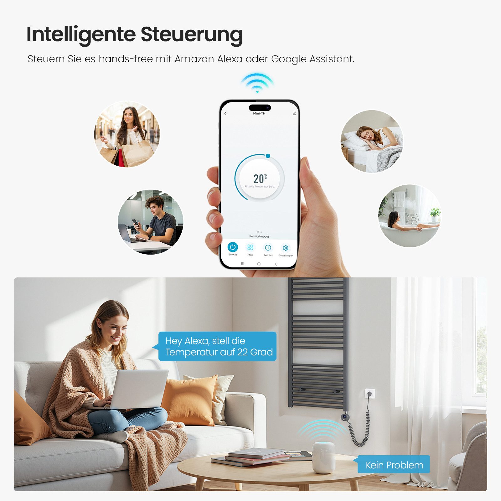 MEYKOERS Elektrischer Badheizkörper Handtuchheizkörper mit Smart WLAN Heizstab, App/Sprachsteuerung, Weiß/Anthrazit, Gerade Handtuchtrockner