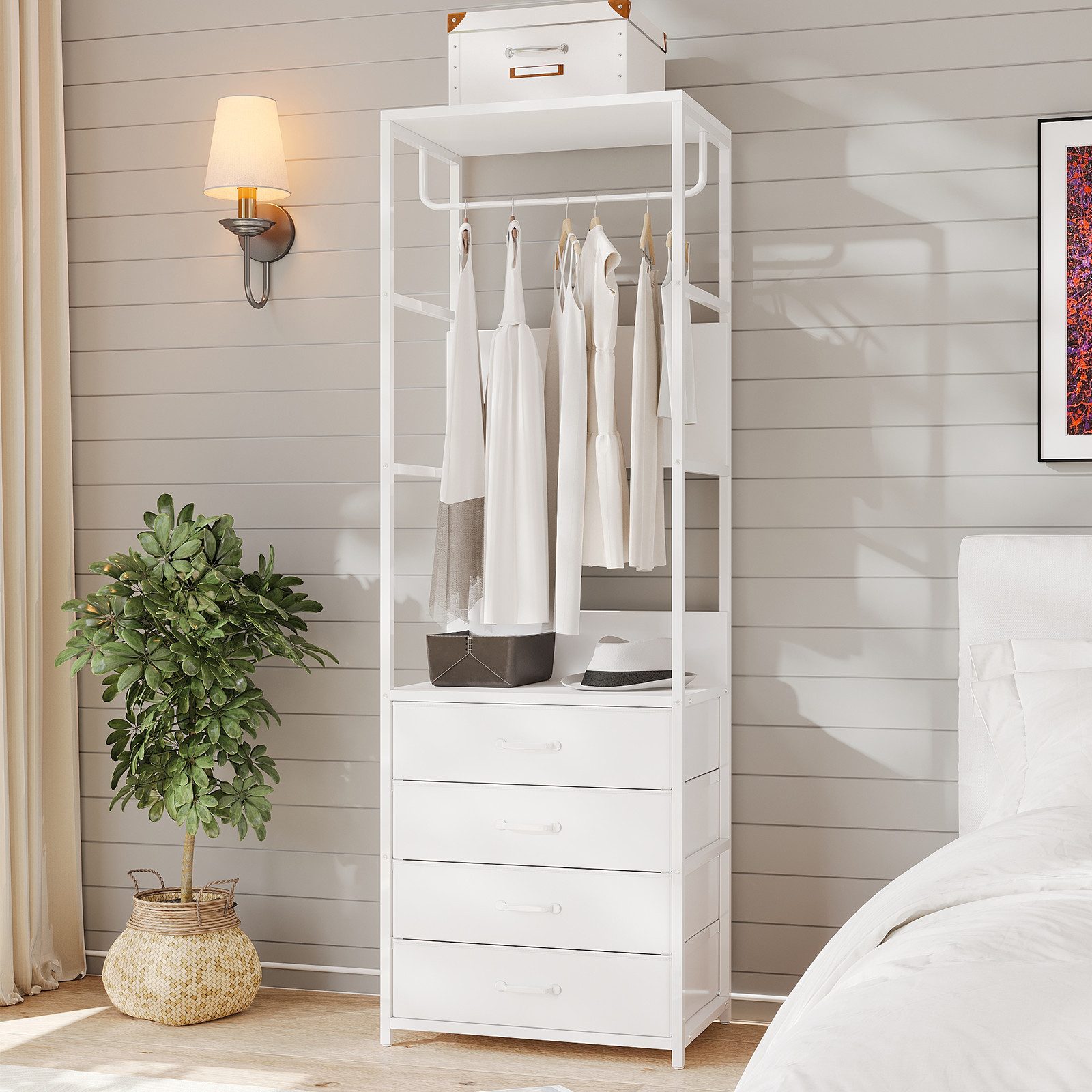 VOWNER Garderobenständer mit Sitzbank, Schublade & Kleiderstange, schmaler Flurgarderobe, (1 St), moderner Kleiderständer mit 4 Schubladen & stabiles Schuhregal