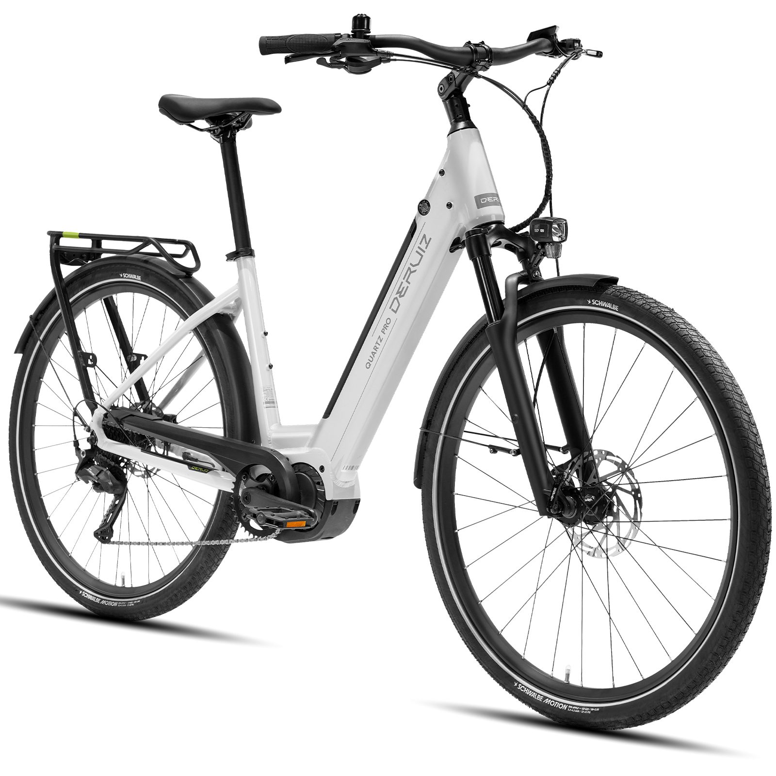 DERUIZ E-Bike Cityrad 28 Zoll Quartz Pro 2026, 100 Nm Mittelmotor, 644 Wh, bis 161 km, 9 Gang SHIMANO Shimano CUES RD-U3020 Schaltwerk, Kettenschaltung, Mittelmotor, 644 Wh, (Drehmomentsensor, Aluminiumrahmen, Elektrofahrrad), Tiefeinsteiger, Mittelmotor, Schwalbe Reifen, Gepäckträger bis 25 kg