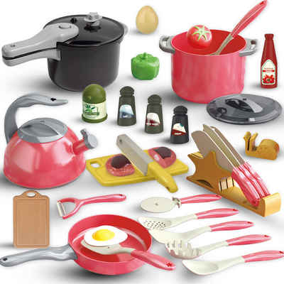 DOPWii Spielküche 32 Küchenspielzeuge mit Spritztöpfen und -pfannen, realistischen, Lichtern und Geräuschen, Besteck, Schneiden von Lebensmitteln