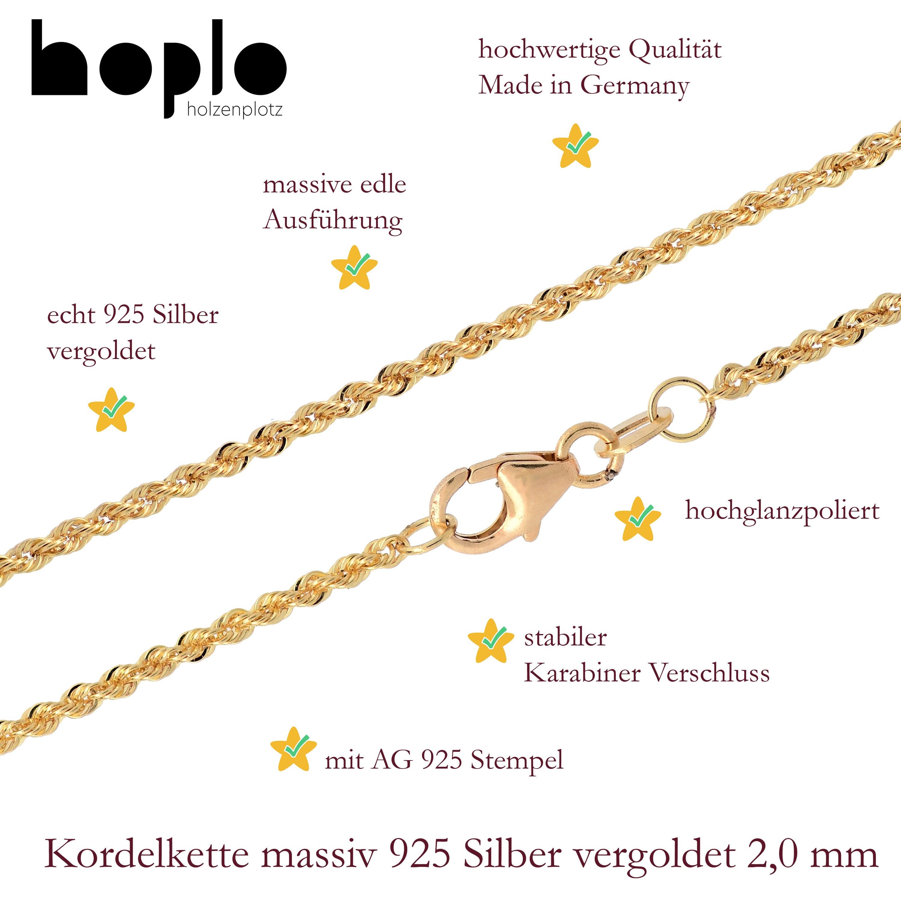 HOPLO Silberkette Silberkette Kordelkette Breite 2,0 mm 19 cm 925 Silber vergoldet, Made in Germany – Bild 4 von 5