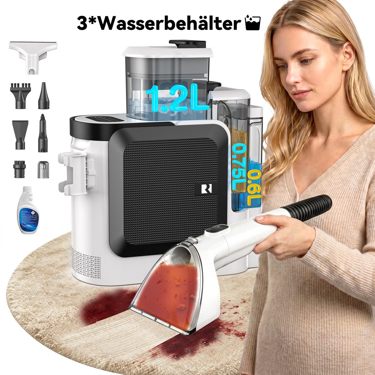 redroad Teppichreinigungsgerät 32000Pa/1200W Polsterreiniger Teppichreiniger Waschsauger Nasssauger, 1200 W, Nass Trockensauger/3*Reinigungsmitteltank/Schwimmerschutz (HallSensor)