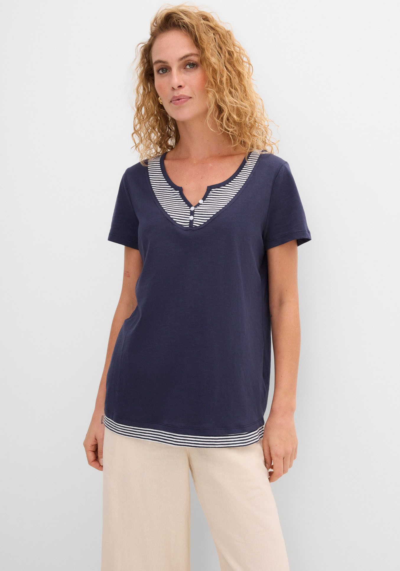 bonprix 2-in-1-Shirt bequeme Passform, Kurzarm, für den Alltag, aus Baumwolle