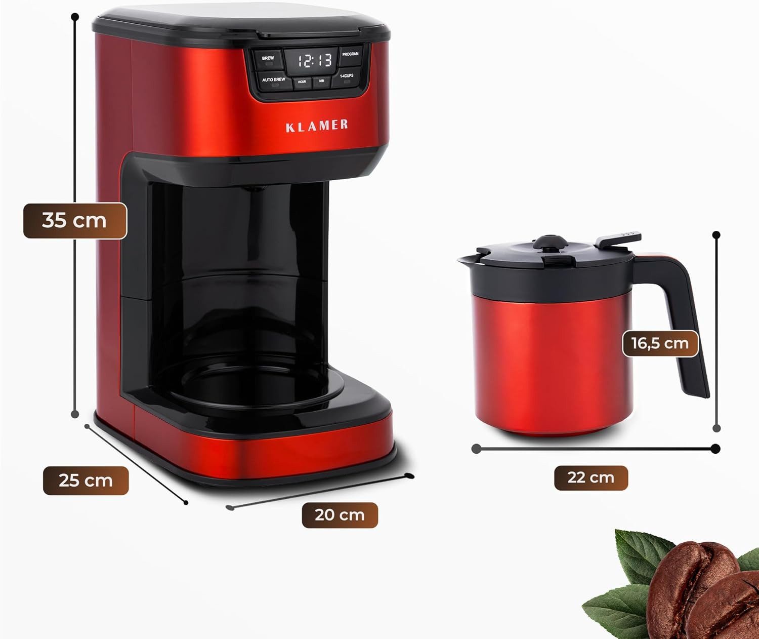 KLAMER Filterkaffeemaschine mit Thermoskanne 1,25 L, 1000 W, 10 Tassen, programmierbar mit Startzeitvorwahl & Tropf-Stopp – Kaffeebereiter für Zuhause und Büro