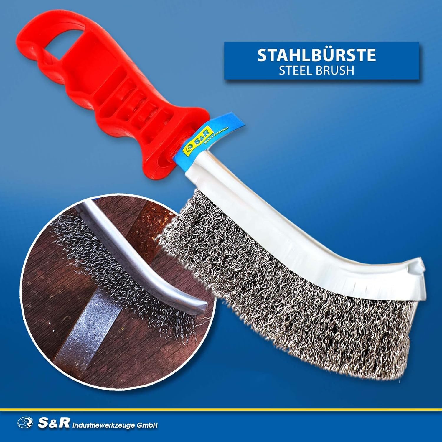 S&R Reinigungsbürsten-Set Handdrahtbürste-Set, Drahtbürste 125mm Bürste, Entgraten, Entrosten, (Set, 3-tlg., 3-teilig mit Edelstahlbürste, Messingbürste und Sta – Bild 3 von 5