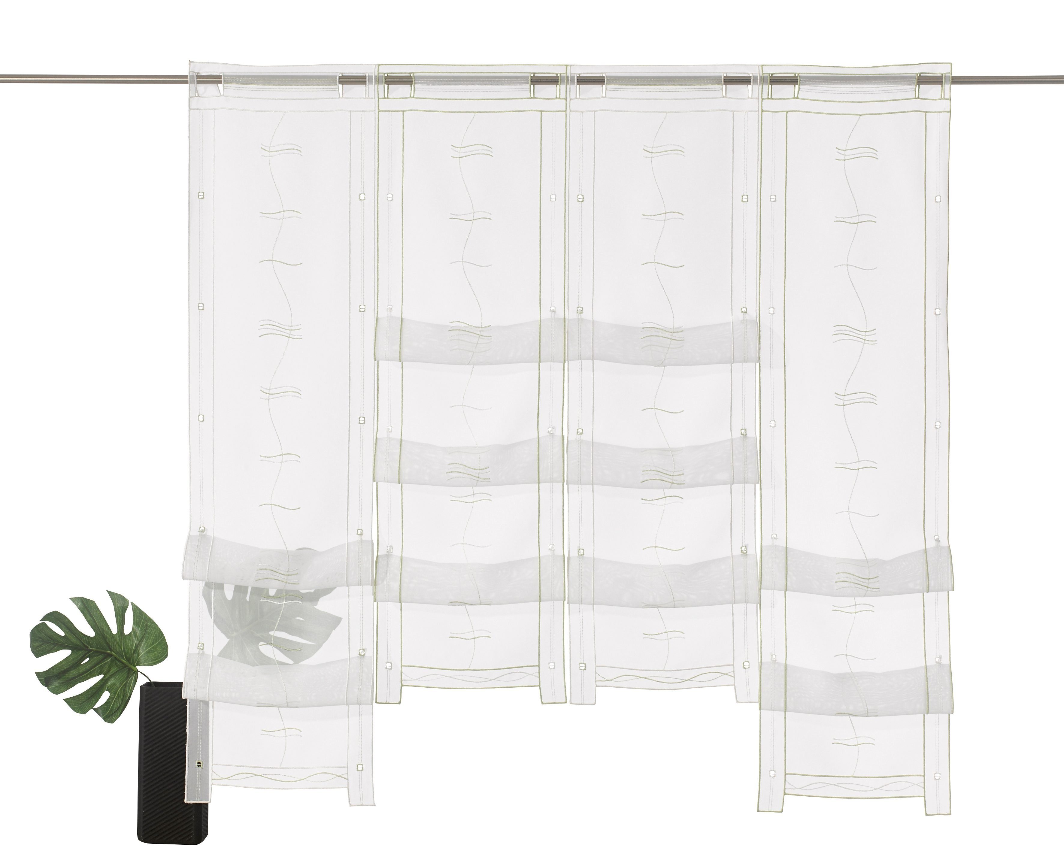 ist zum Schnäppchenpreis im Angebot Scheibengardine Selina, Weckbrodt, Stangendurchzug Stickerei, Hochraff, transparent, Voile, Voile, St), (1 transparent, grün/champagner Raffung bestickt, Gardine