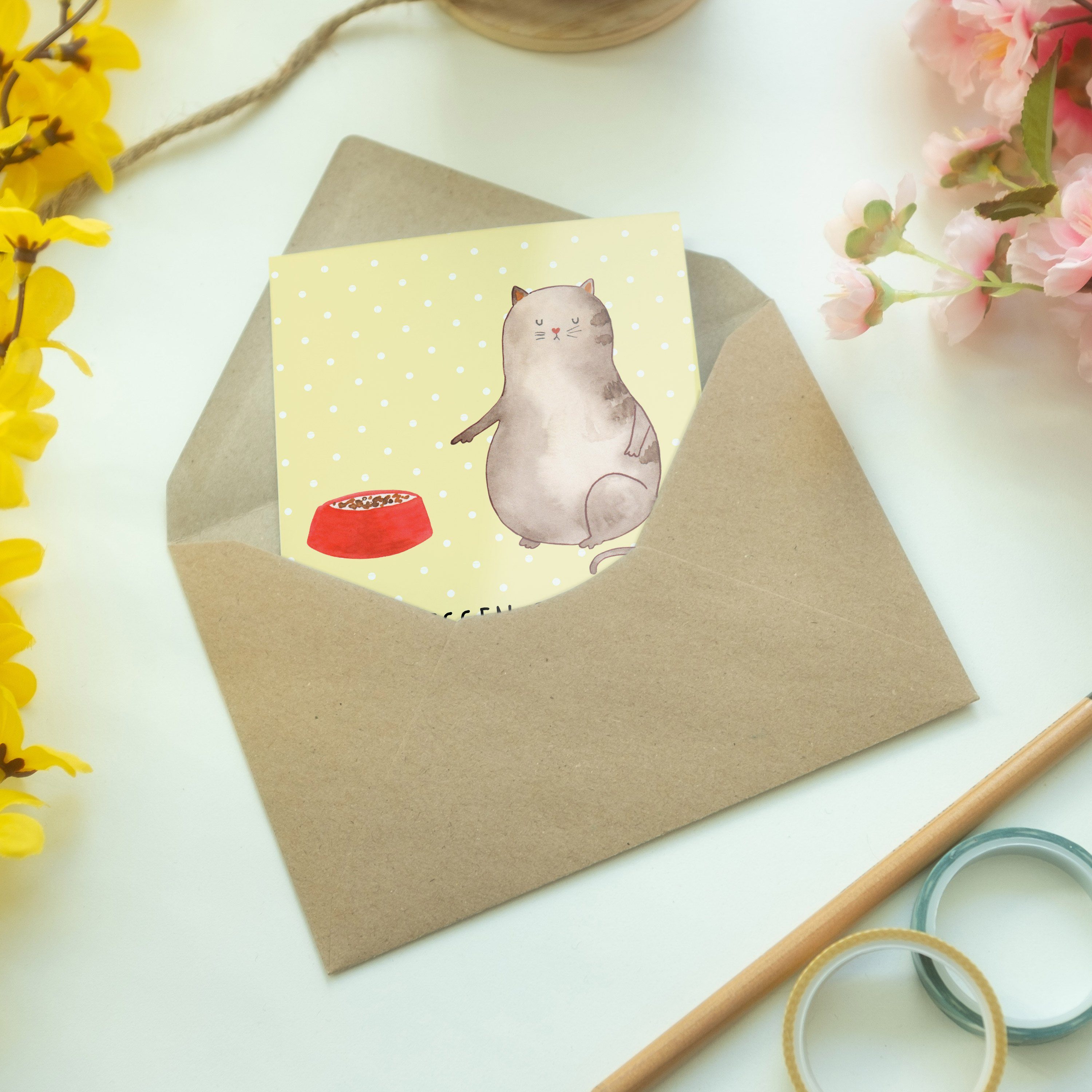 Mr. & Mrs. Panda Gelb - Geschenk, Grußkarte - Katze fressen Karte, Pastell Klapp Hochzeitskarte
