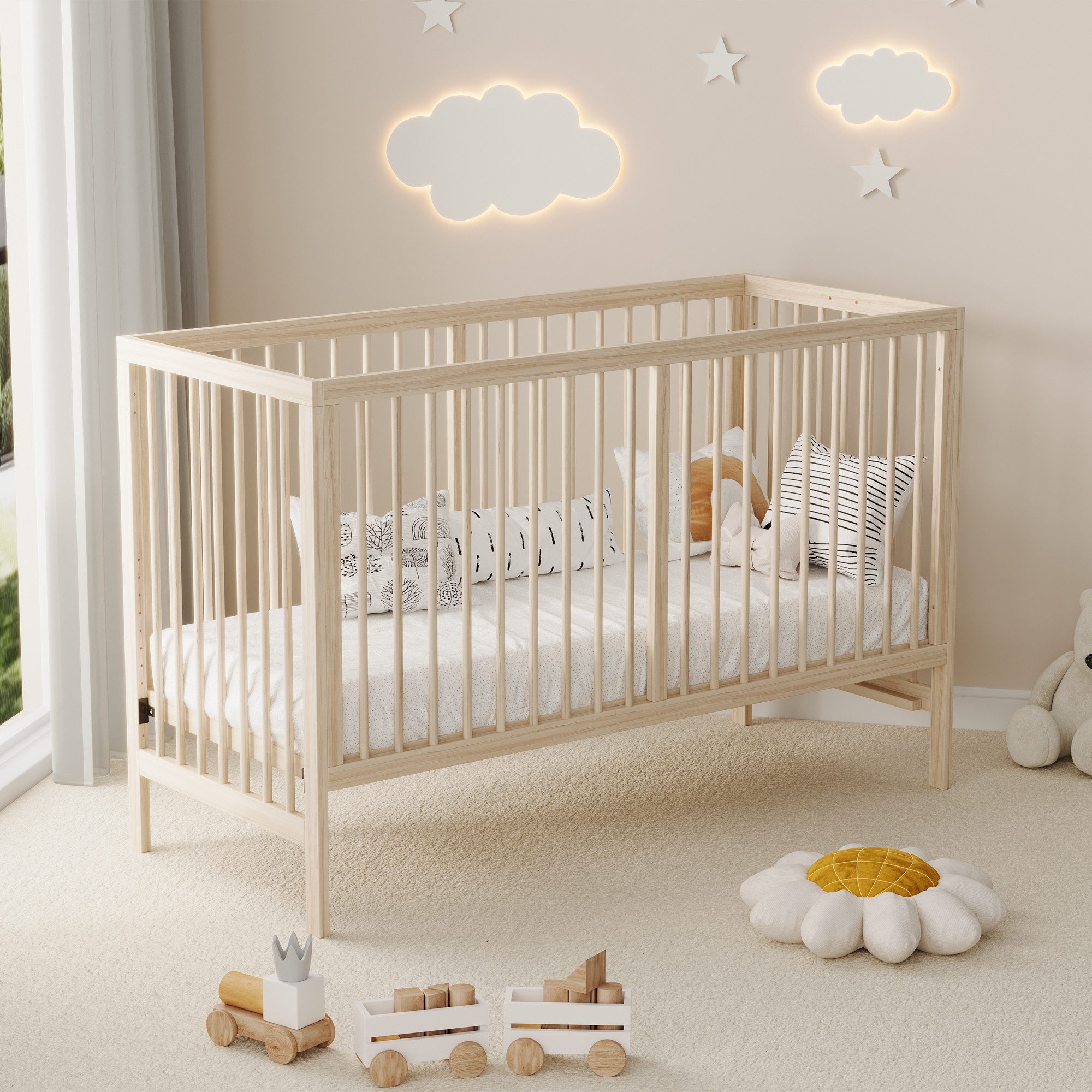 Flieks Babybett, Kinderbett Nebenbett 60x140x90cm mit Malerbrettständer, Schreibtisch