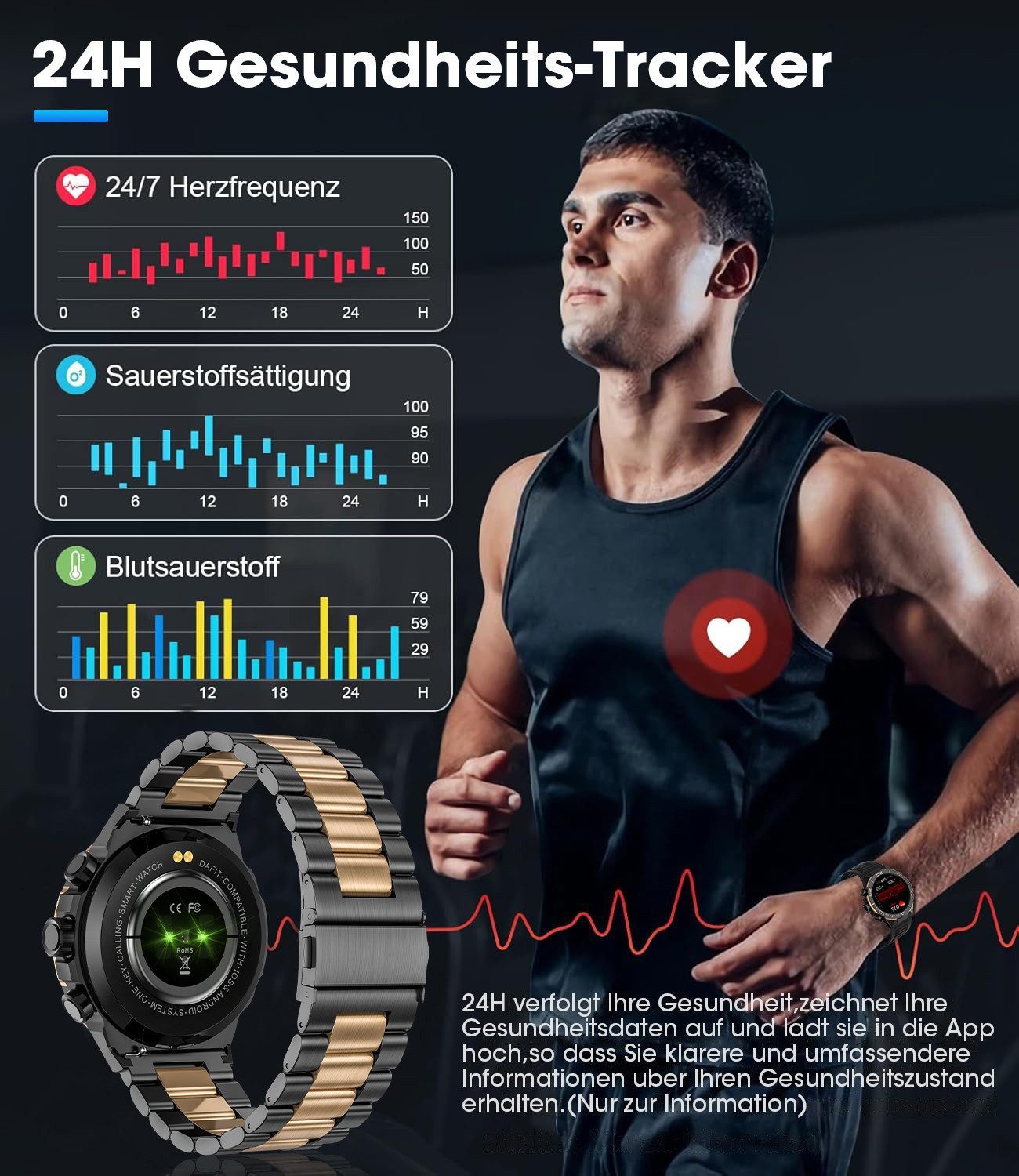 SWGOTA Smartwatch Herren Militär 1000mAh mit Herzfrequenz,Blutdruck,SpO2 Smartwatch (3.63 cm cm/1,43 Zoll), Schlafmonitor,100+ Sportmodi,2 Armbänder,Fitnesstrac – Bild 3 von 5