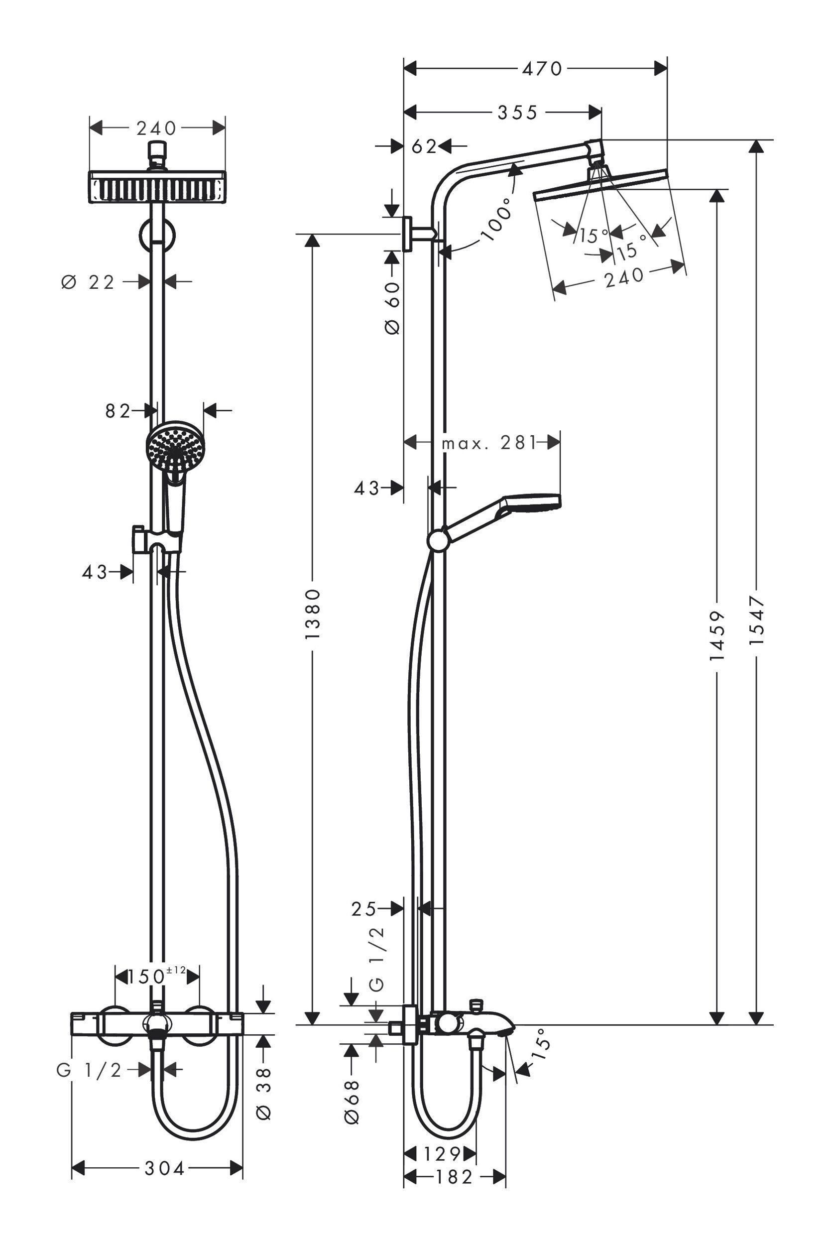 hansgrohe Duschsystem mit E 154.7 Crometta 240 1jet cm, Wannenthermostat - Chrom Höhe Showerpipe