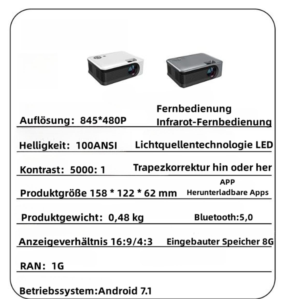 carefully selected Tragbarer HD-Projektor (1080P, Lumen) 100ANSI 845*480, Auflösung: LCD-Beamer
