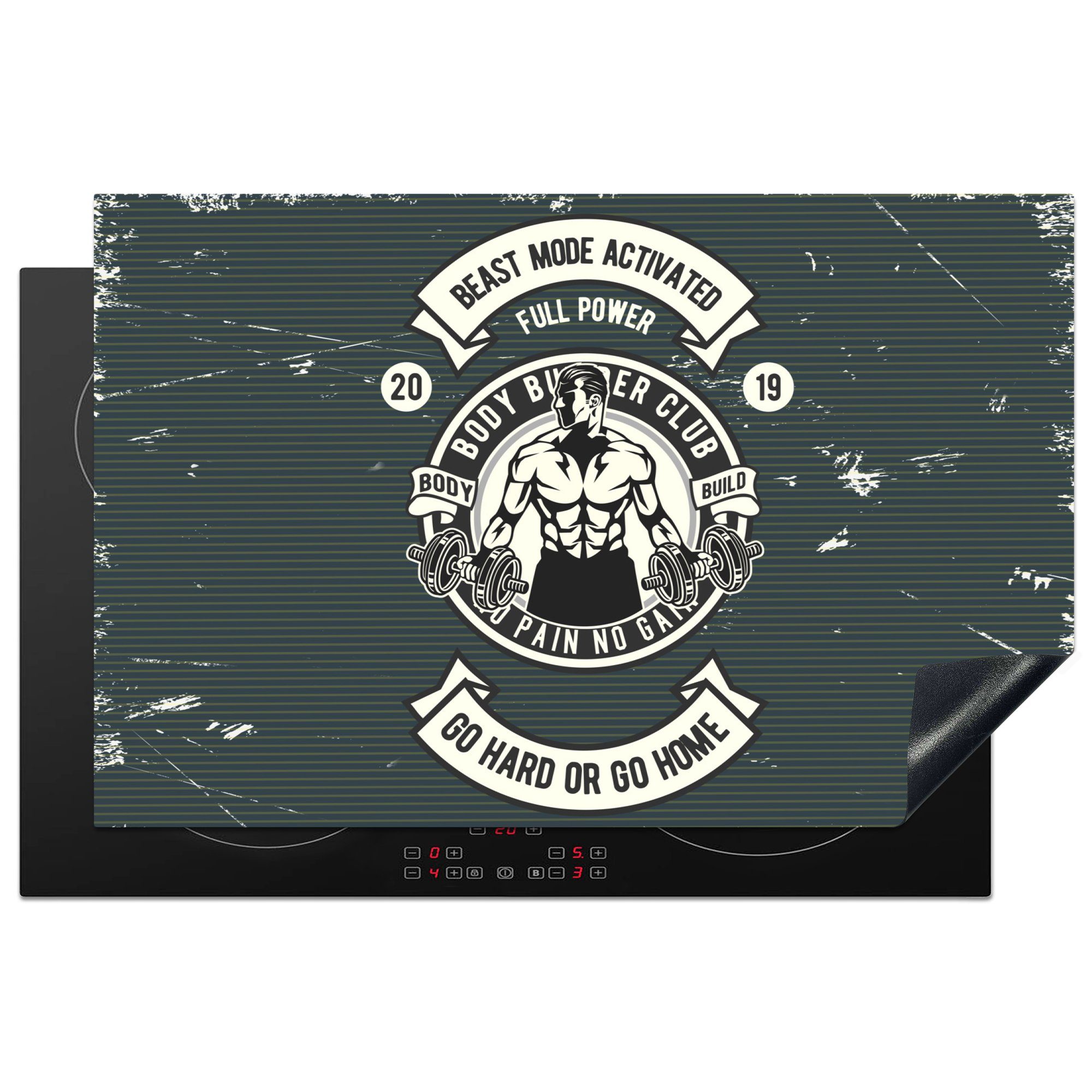 MuchoWow Herdblende-/Abdeckplatte Mancave - Gewichte - Retro - Grau, Vinyl, (1 tlg), 81x52 cm, Induktionskochfeld Schutz für die küche, Ceranfeldabdeckung
