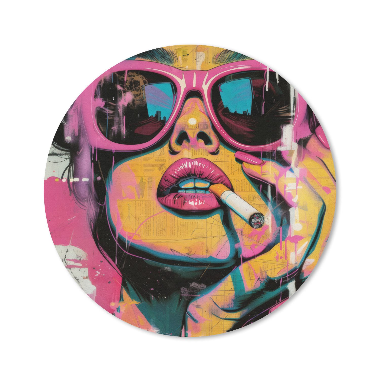 MuchoWow Mauspad Porträt - Frau - Abstrakt - Sonnenbrille (1-St), Gaming, Rutschfester Unterseite, Mausunterlage, Rund 50x50 cm