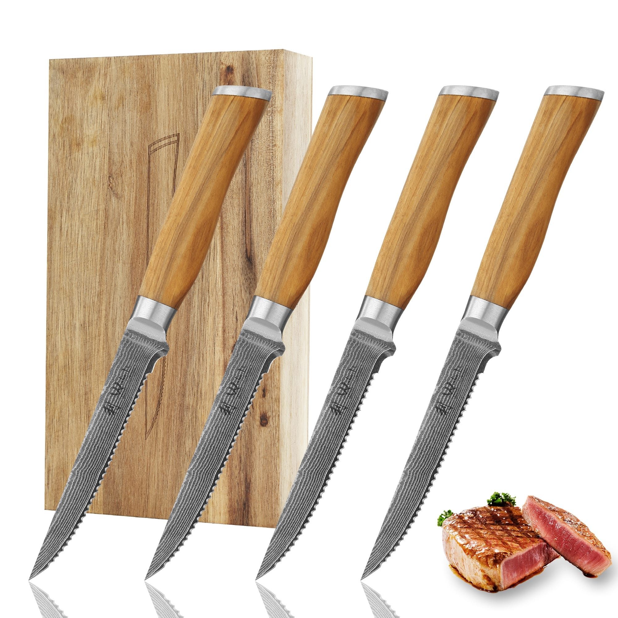 Wakoli Steakmesser 4er Damast Steakmesser-Set I Klingenlänge 12 cm I Olivenholzgriff (1 Stück), 67 Lagen Damaststahl, VG-10 Stahlkern