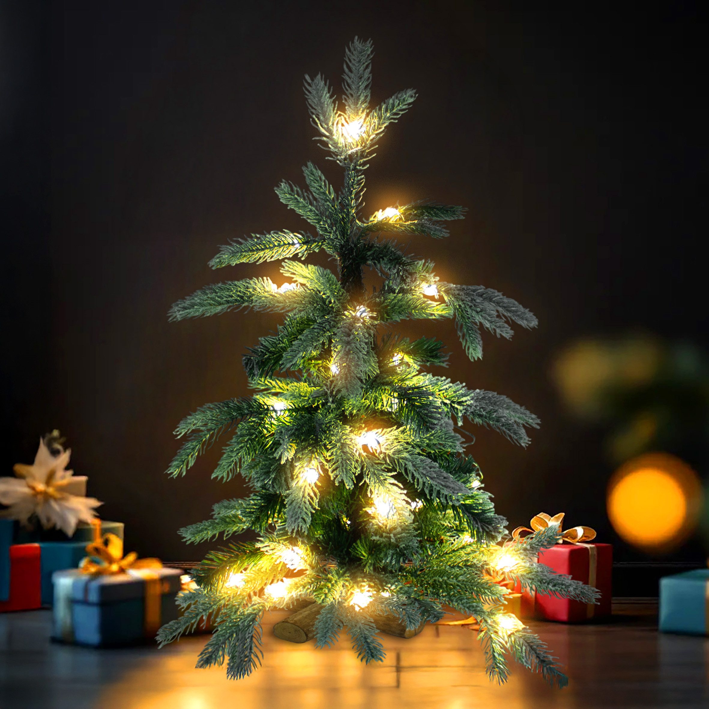 Spetebo Künstlicher Weihnachtsbaum Kunst Tannenbaum mit Schnee warm weiß beleuchtet - 60 cm, Kunst Tannenbaum, mit 8 verschiedenen Leuchtmodis